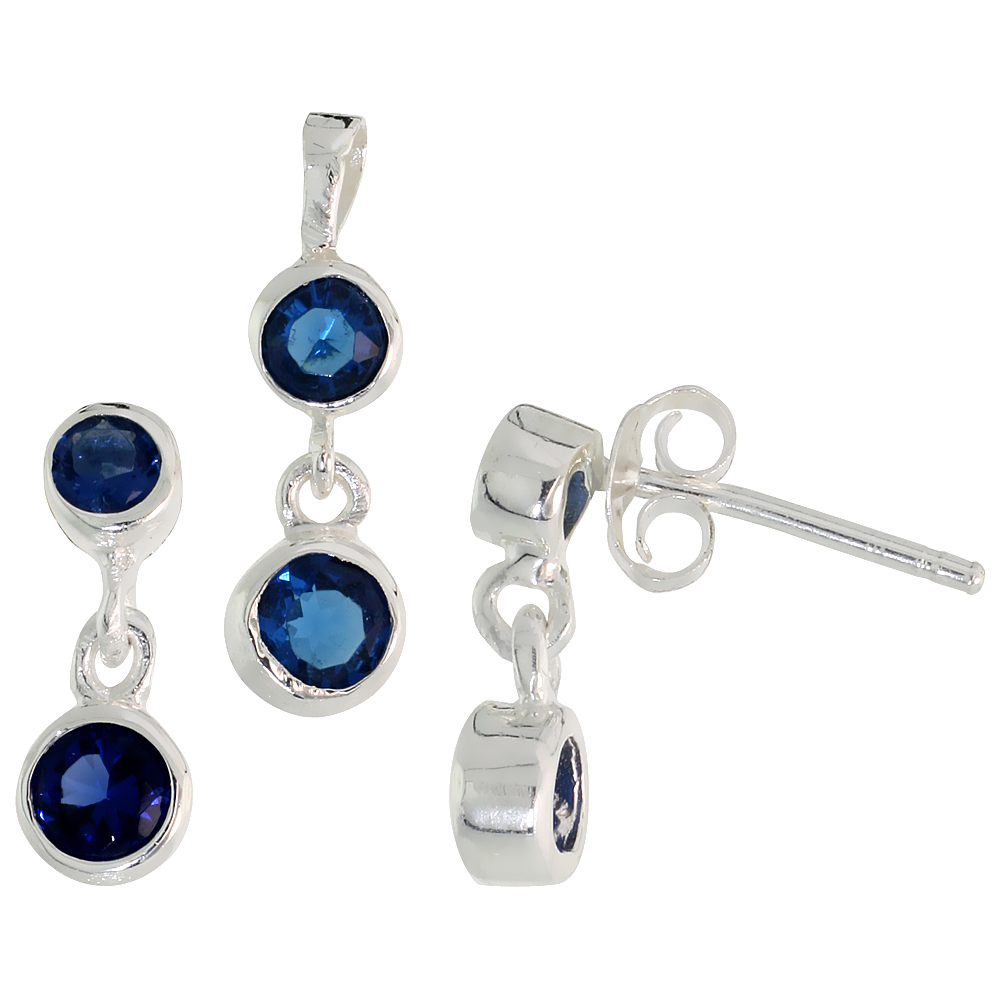 Sterling Silver Brilliant Cut Blue Sapphire CZ 2-Tier Dangle Post Earrings and Pendant set for women