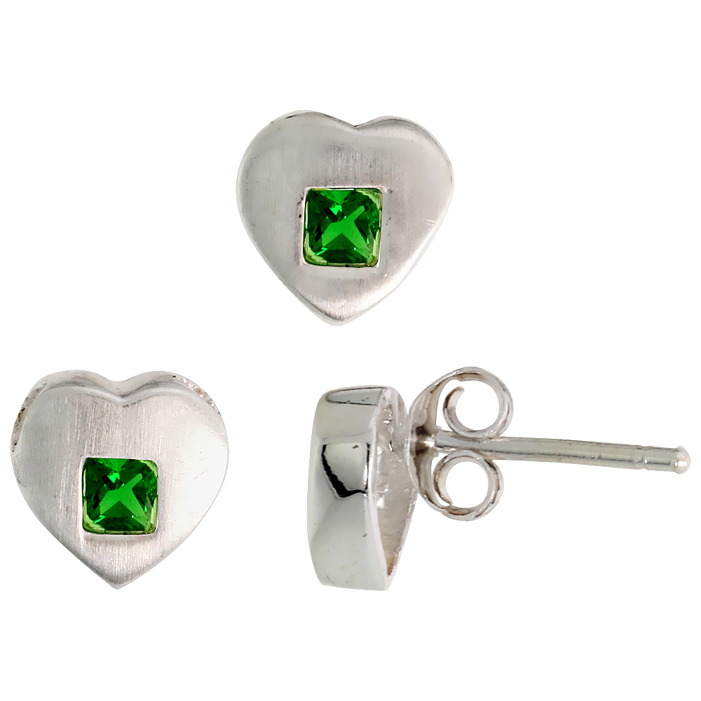 Sterling Silver Princess Cut Emerald Green CZ Heart Stud Earrings &amp; Pendant set for women Brushed finish