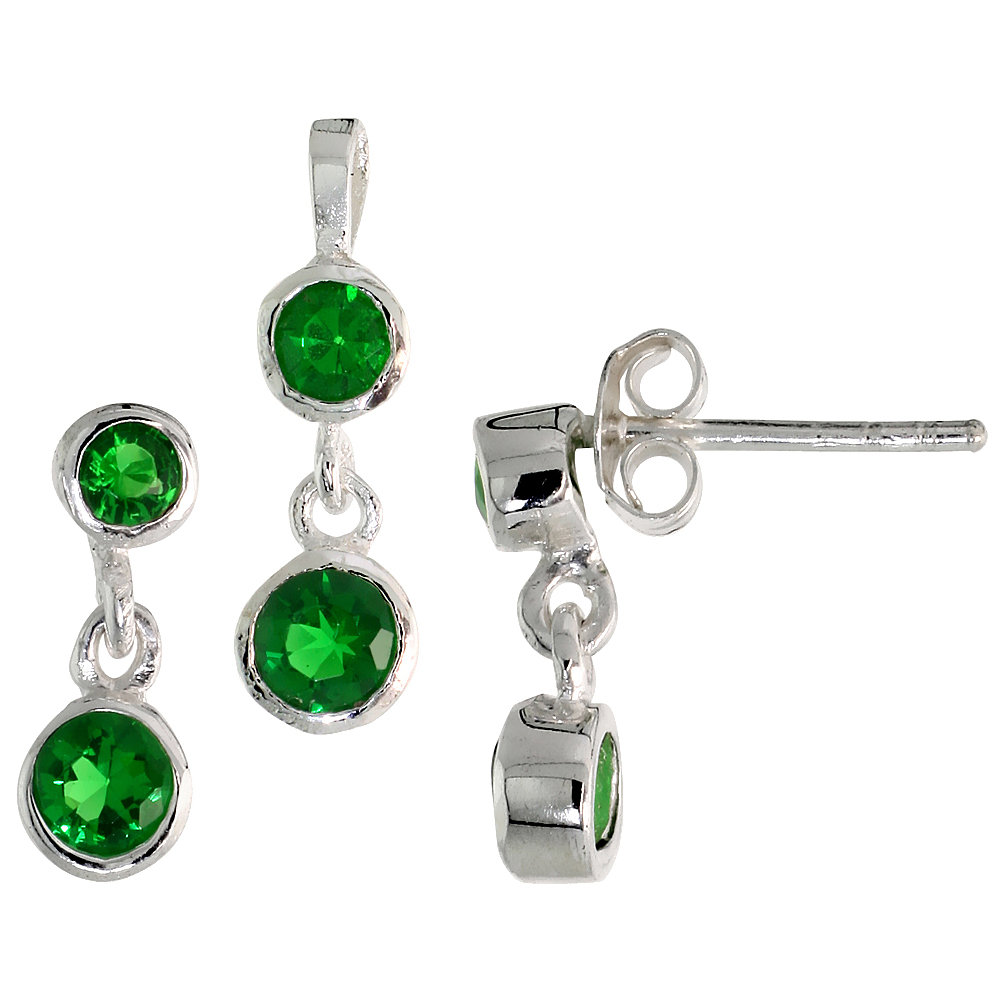Sterling Silver Brilliant Cut Emerald Green CZ 2-Tier Dangle Post Earrings and Pendant set for women