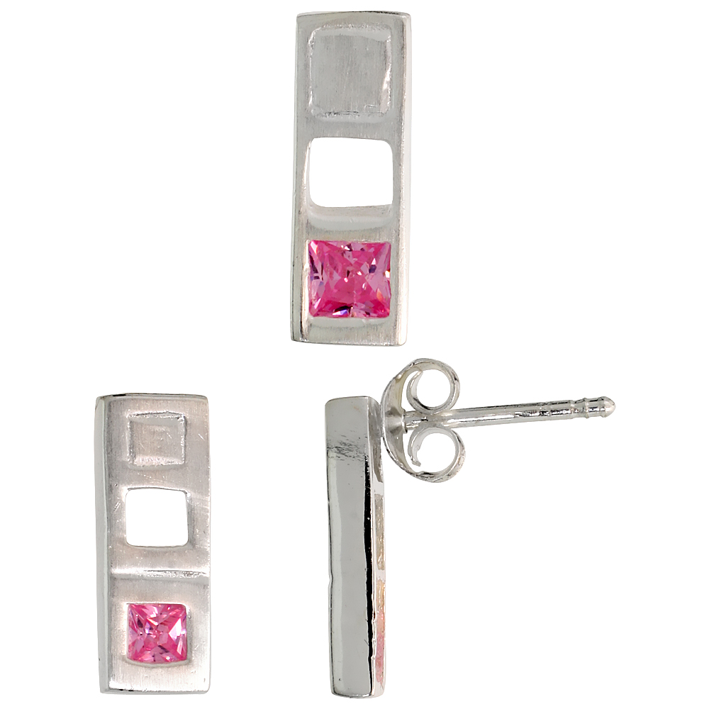 Sterling Silver Princess Cut Pink CZ Bar Stud Earrings &amp; Pendant set for women Brushed finish