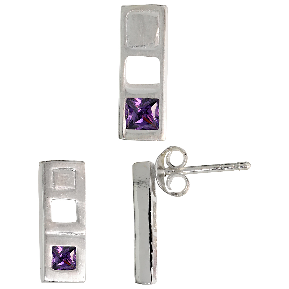 Sterling Silver Princess Cut Amethyst Purple CZ Bar Stud Earrings &amp; Pendant set for women Brushed finish