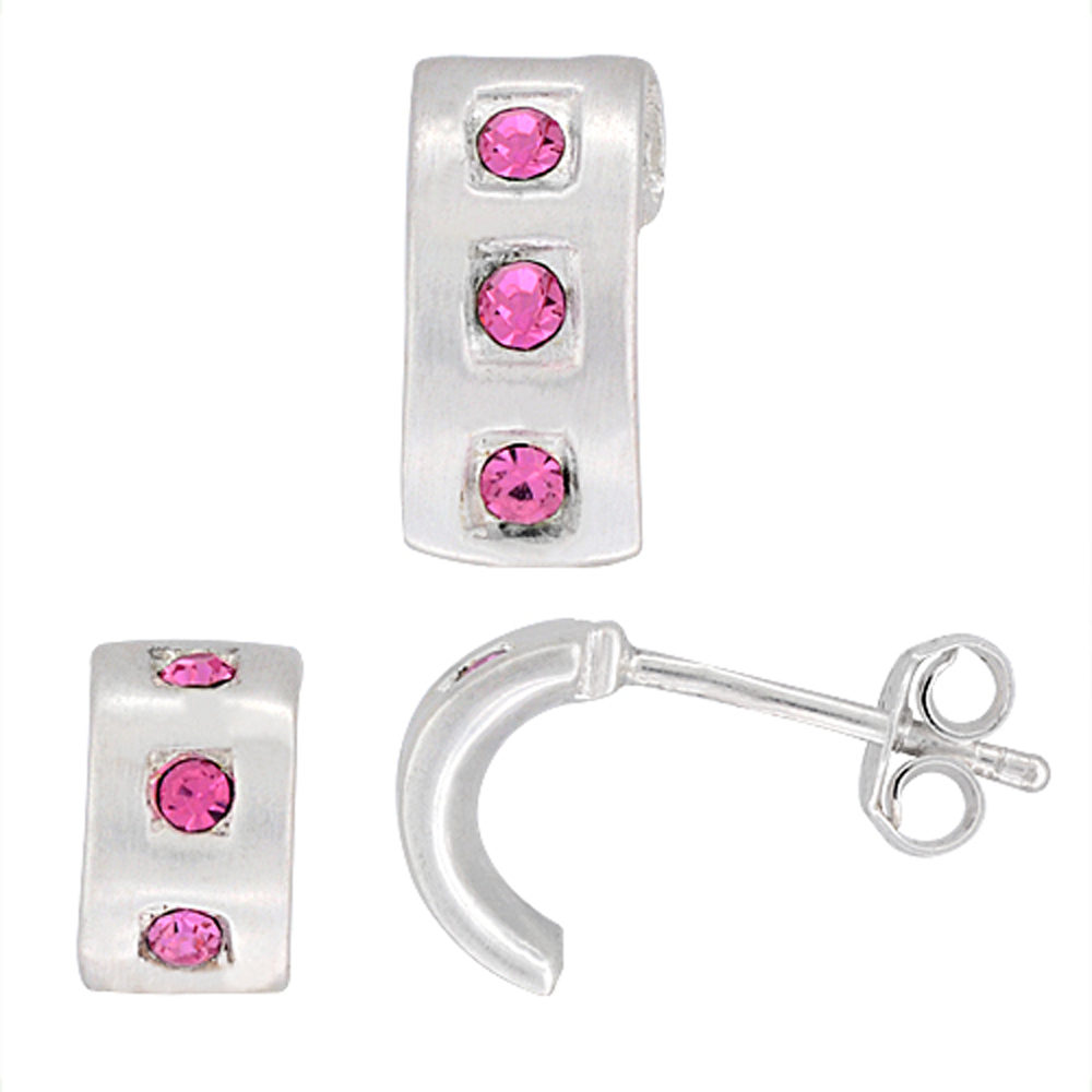 Sterling Silver Brilliant Cut Pink CZ 3 Stone Half Hoop Post Earrings &amp; Pendant set for women Brushed finish