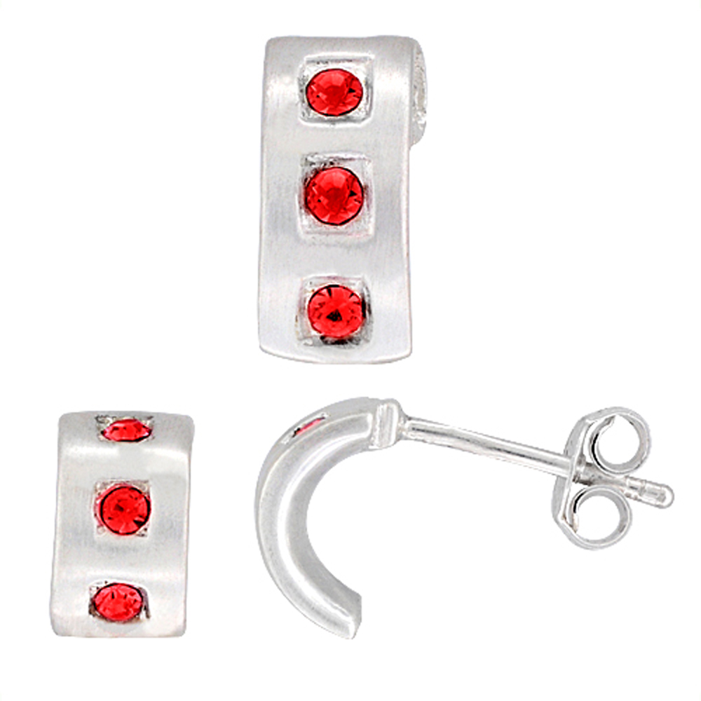 Sterling Silver Brilliant Cut Ruby Red CZ 3 Stone Half Hoop Post Earrings & Pendant set for women Brushed finish