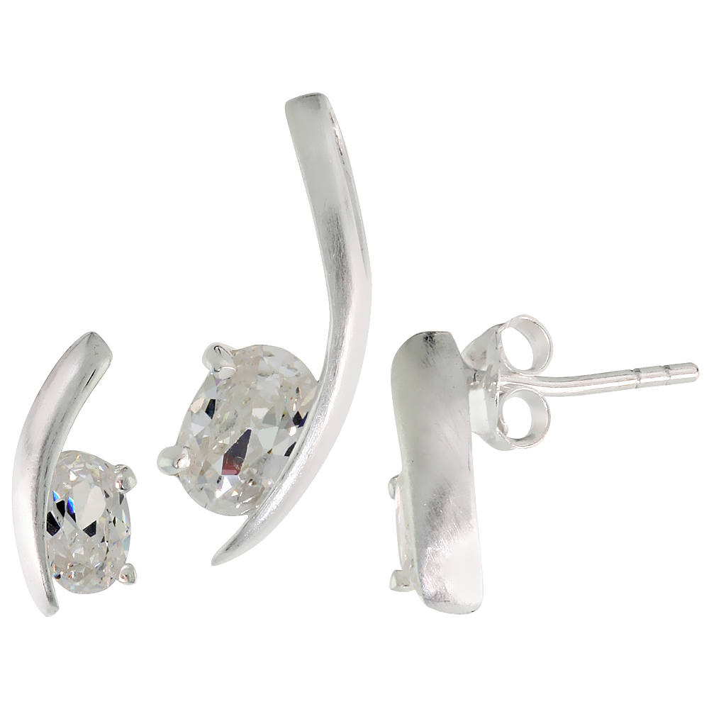 Sterling Silver Oval Cut White CZ Swoosh  Stud Earrings &amp; Pendant set for women