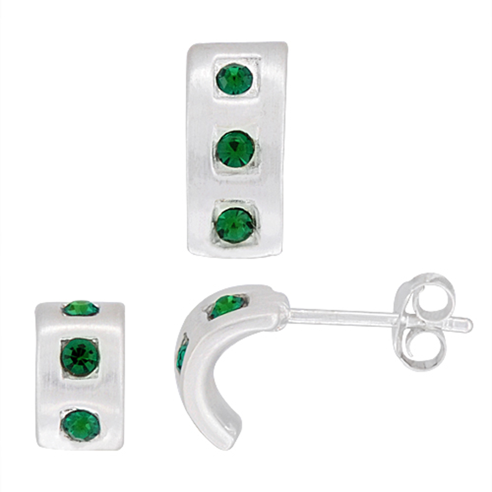 Sterling Silver Brilliant Cut Emerald Green CZ 3 Stone Half Hoop Post Earrings &amp; Pendant Set Brushed finish