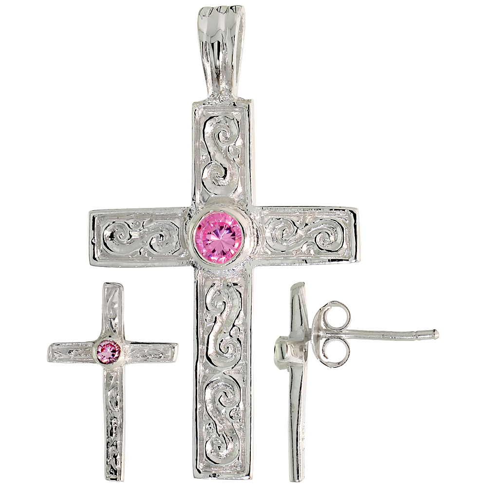Sterling Silver Brilliant Cut Pink CZ Latin Cross Stud Earrings and Pendant set for women Swirl-design