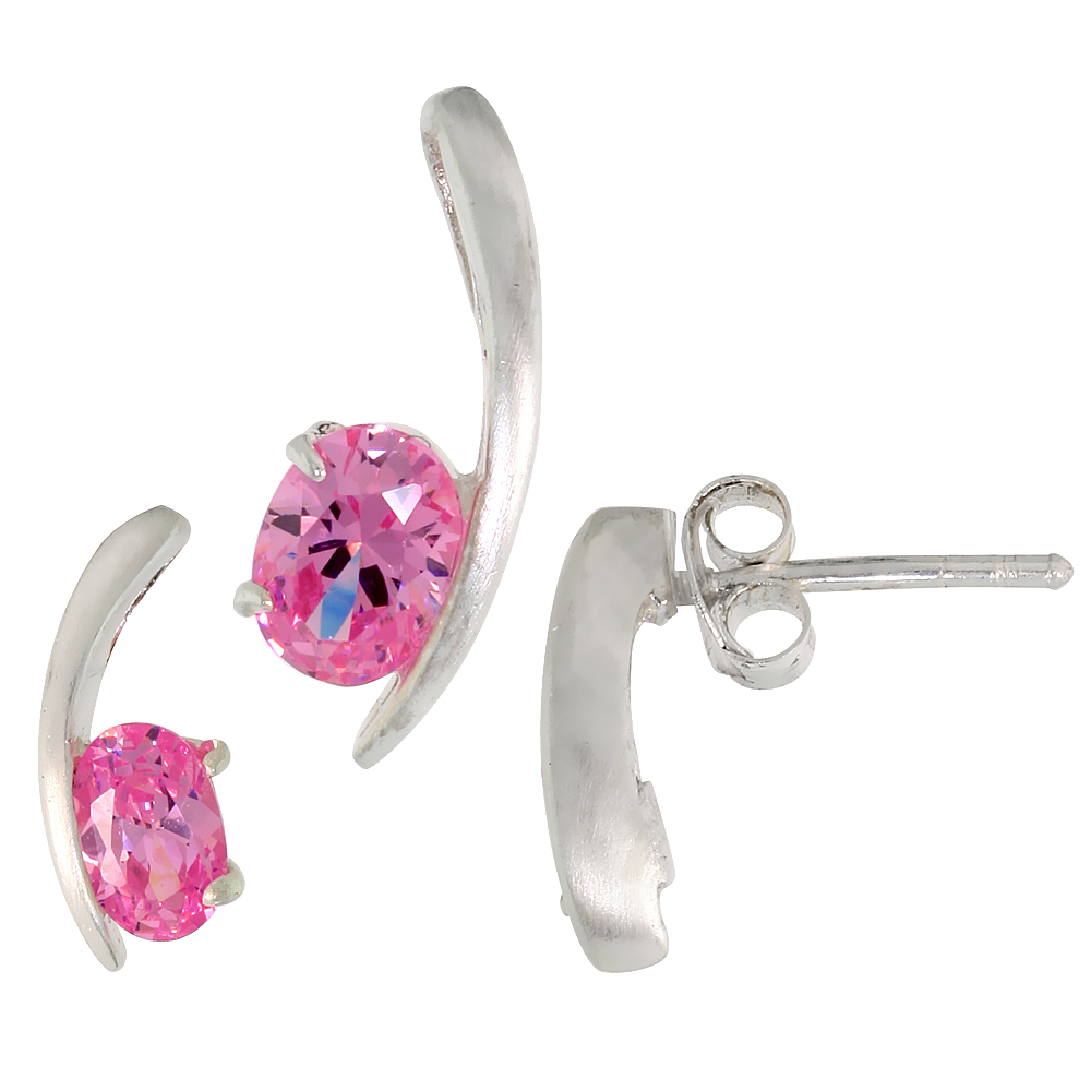 Sterling Silver Oval Cut Pink CZ Swoosh  Stud Earrings & Pendant set for women