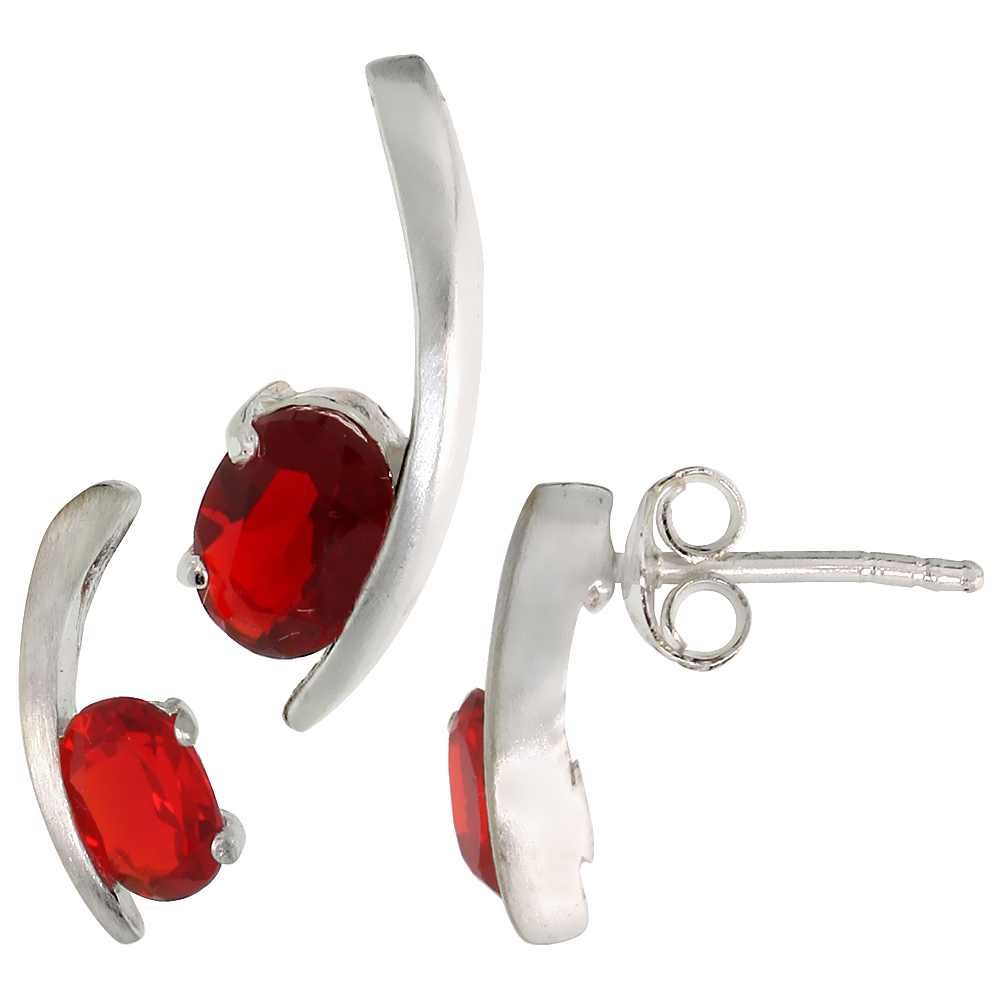 Sterling Silver Oval Cut Ruby Red CZ Swoosh  Stud Earrings & Pendant set for women