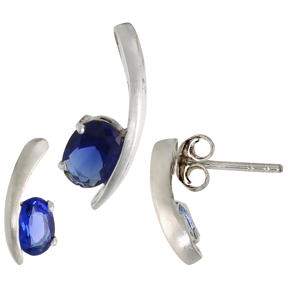 Sterling Silver Oval Cut Blue Sapphire CZ Crescent Stud Earrings & Pendant set for women