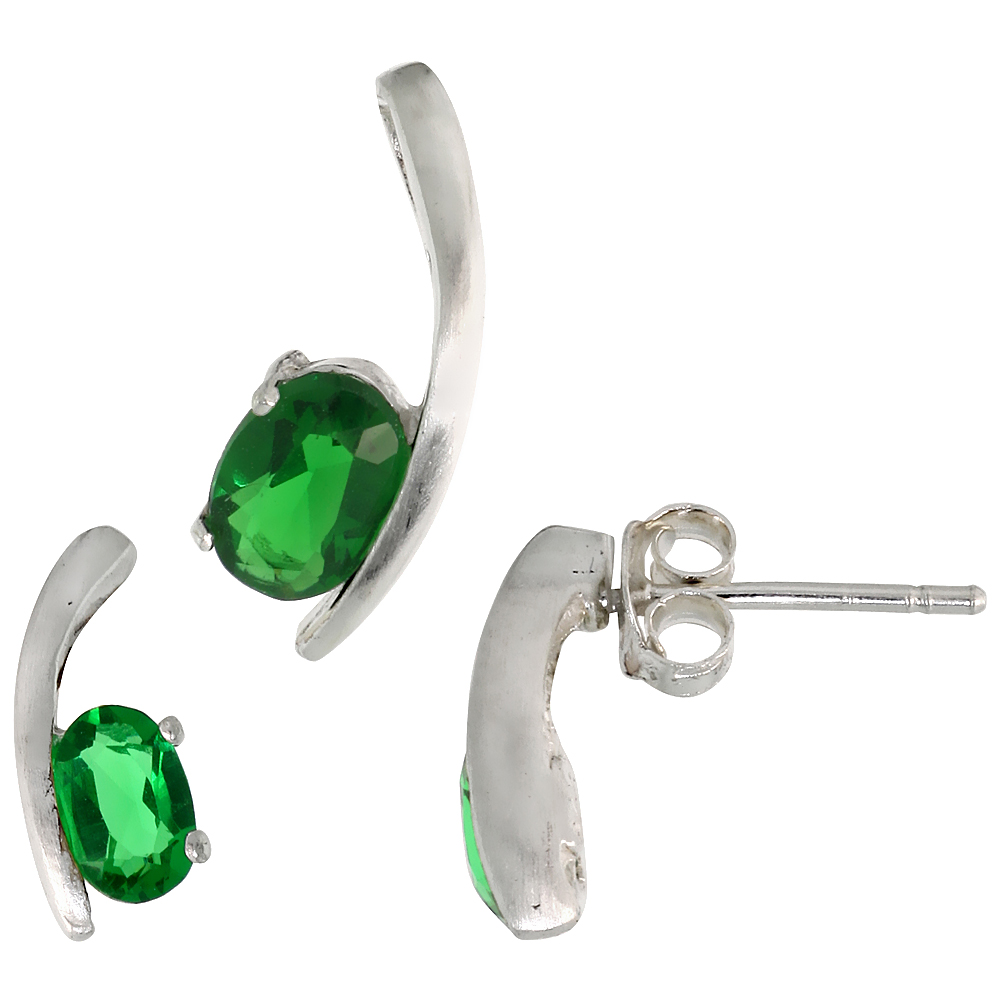 Sterling Silver Oval Cut Emerald Green CZ Crescent Stud Earrings & Pendant set for women
