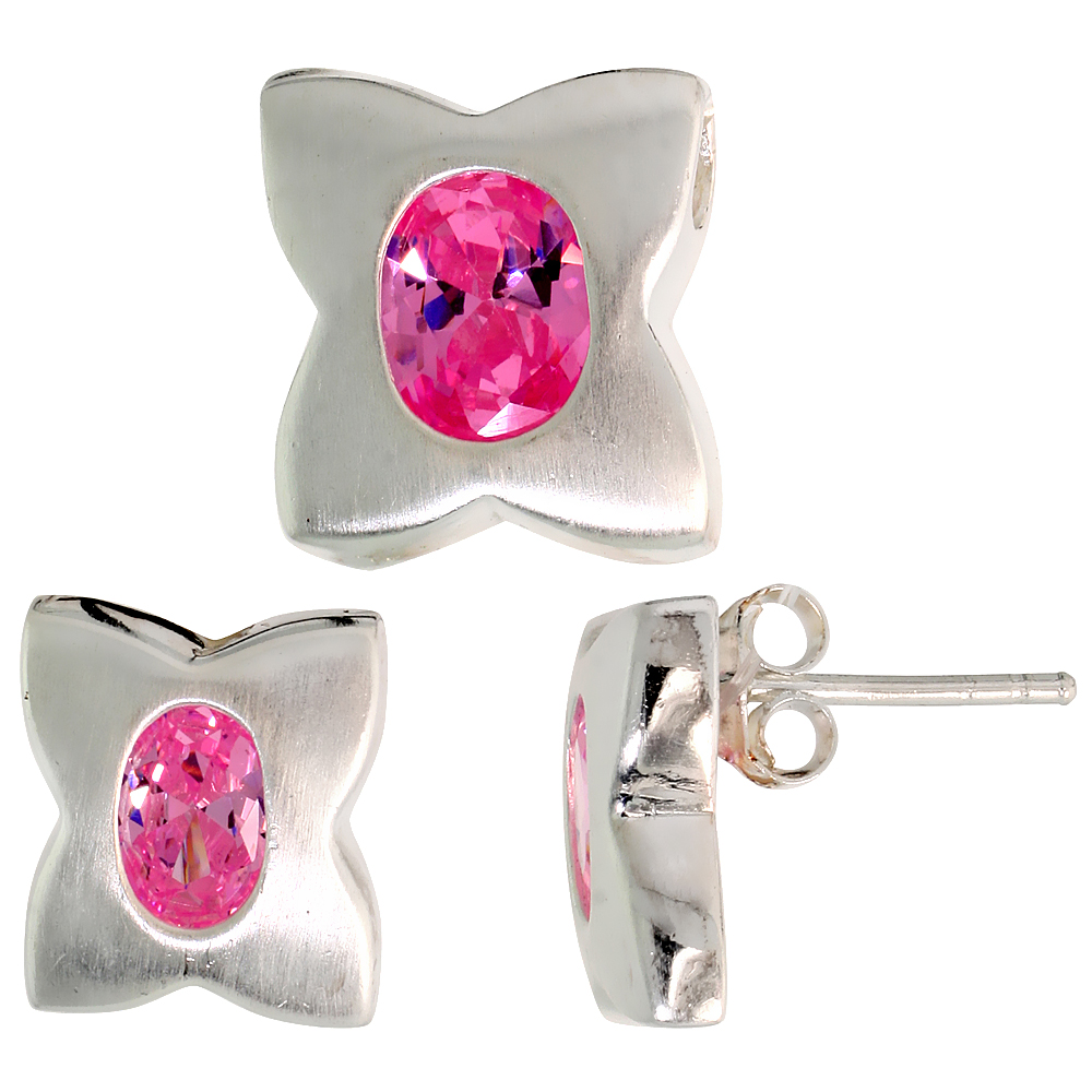 Sterling Silver Oval Cut Pink CZ Quatrefoil Stud Earrings & Pendant set for women Brushed finish