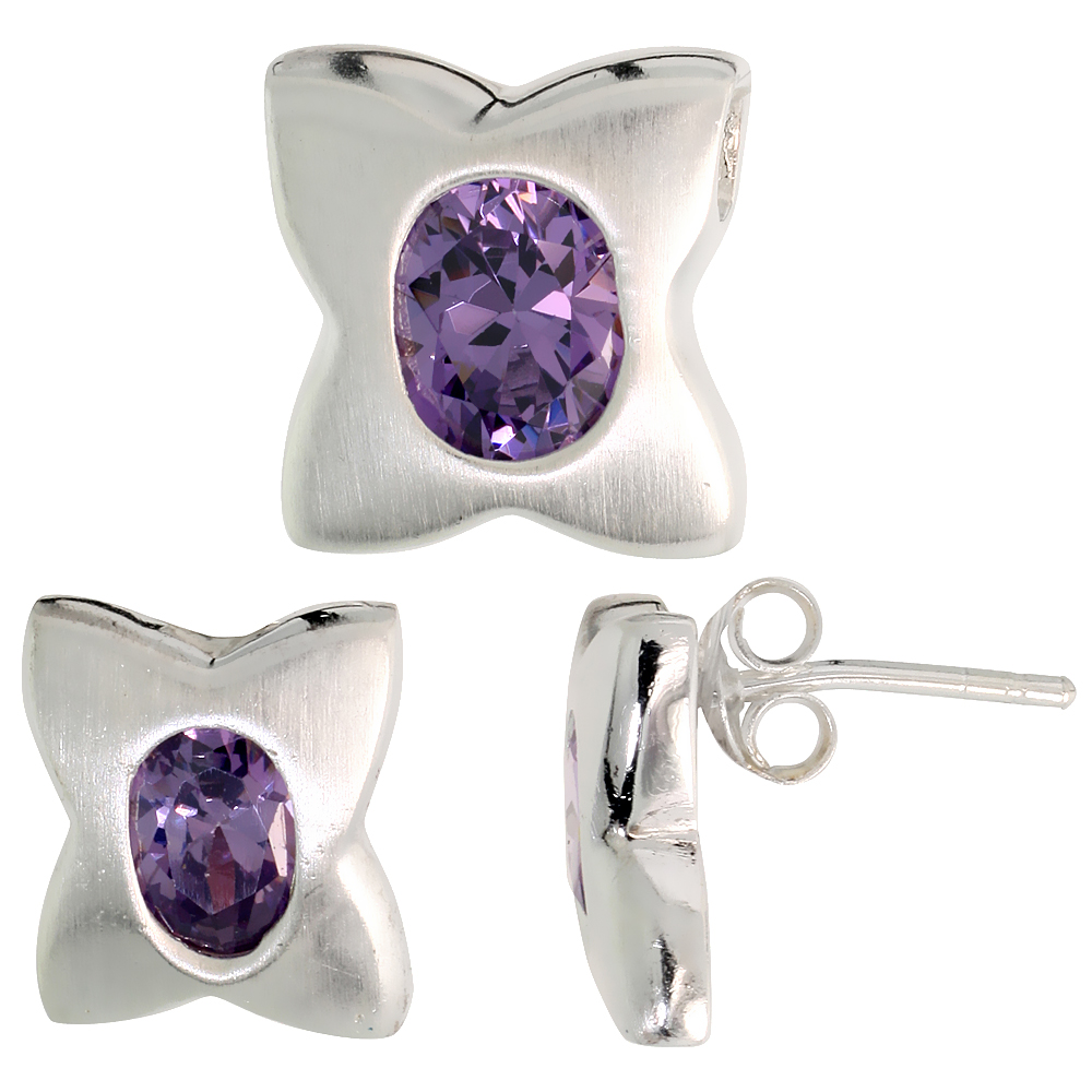 Sterling Silver Oval Cut Amethyst Purple CZ Quatrefoil Stud Earrings & Pendant Set Brushed finish