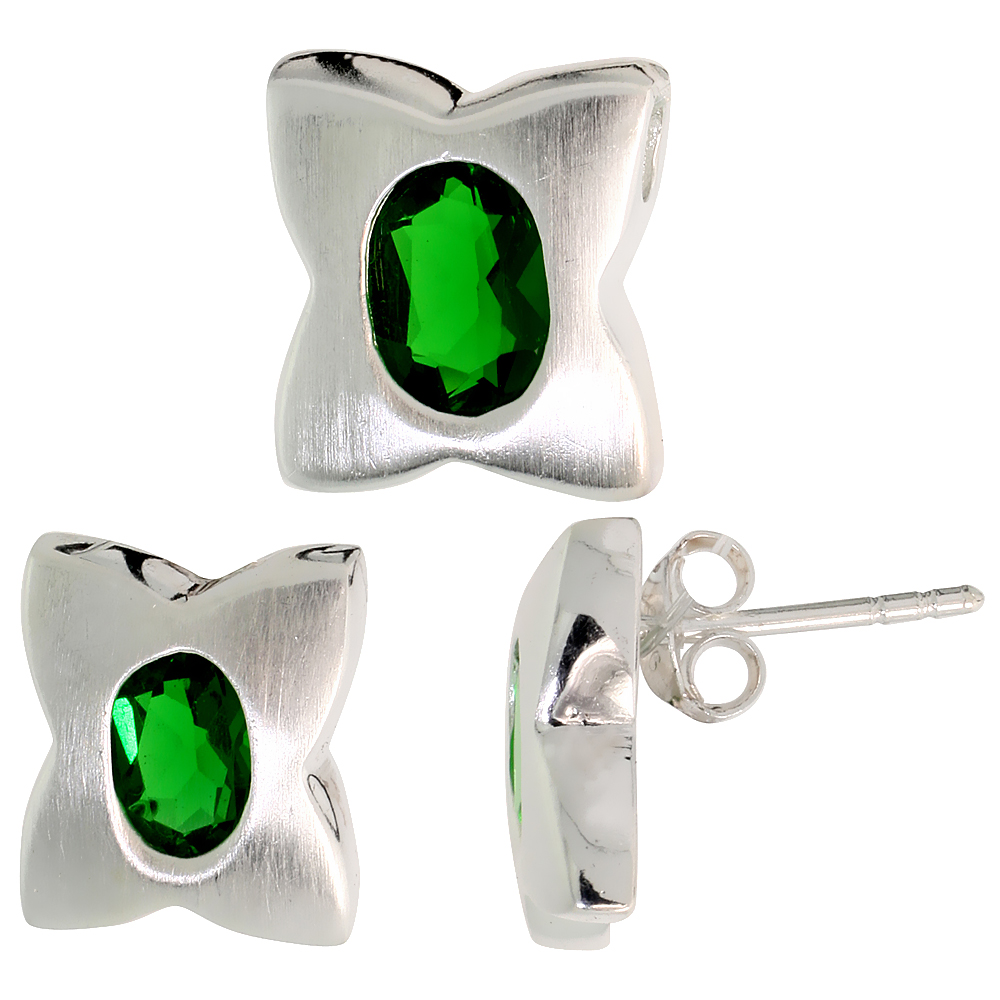 Sterling Silver Oval Cut Emerald Green CZ Quatrefoil Stud Earrings & Pendant Set Brushed finish