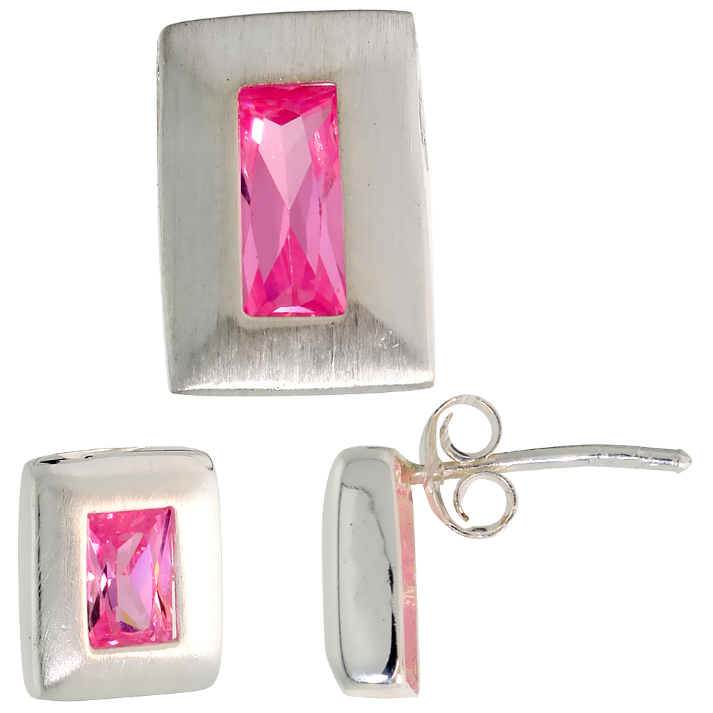 Sterling Silver Radiant Cut Pink CZ Rectangle Stud Earrings & Pendant set for women Brushed finish