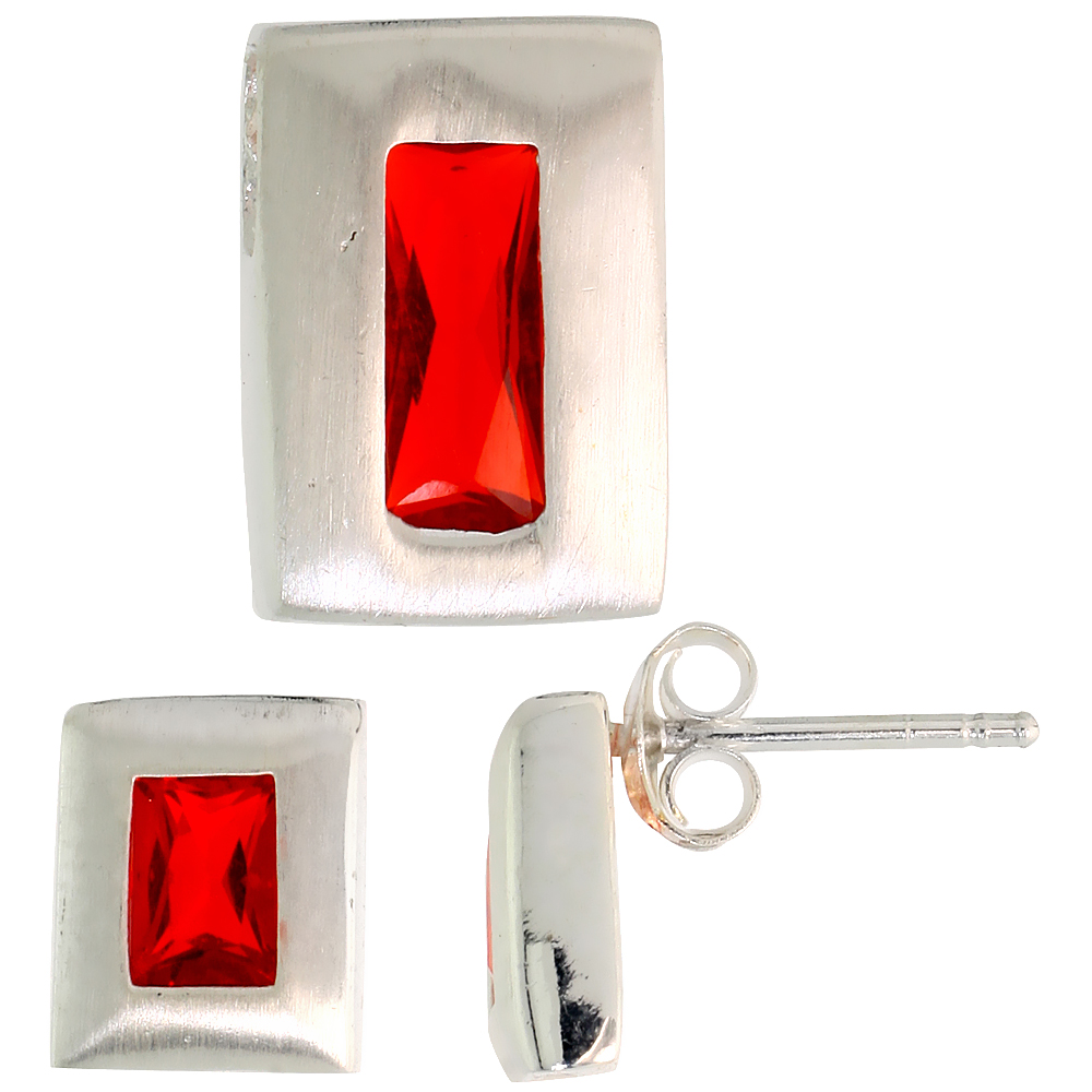 Sterling Silver Radiant Cut Ruby Red CZ Rectangle Stud Earrings &amp; Pendant set for women Brushed finish
