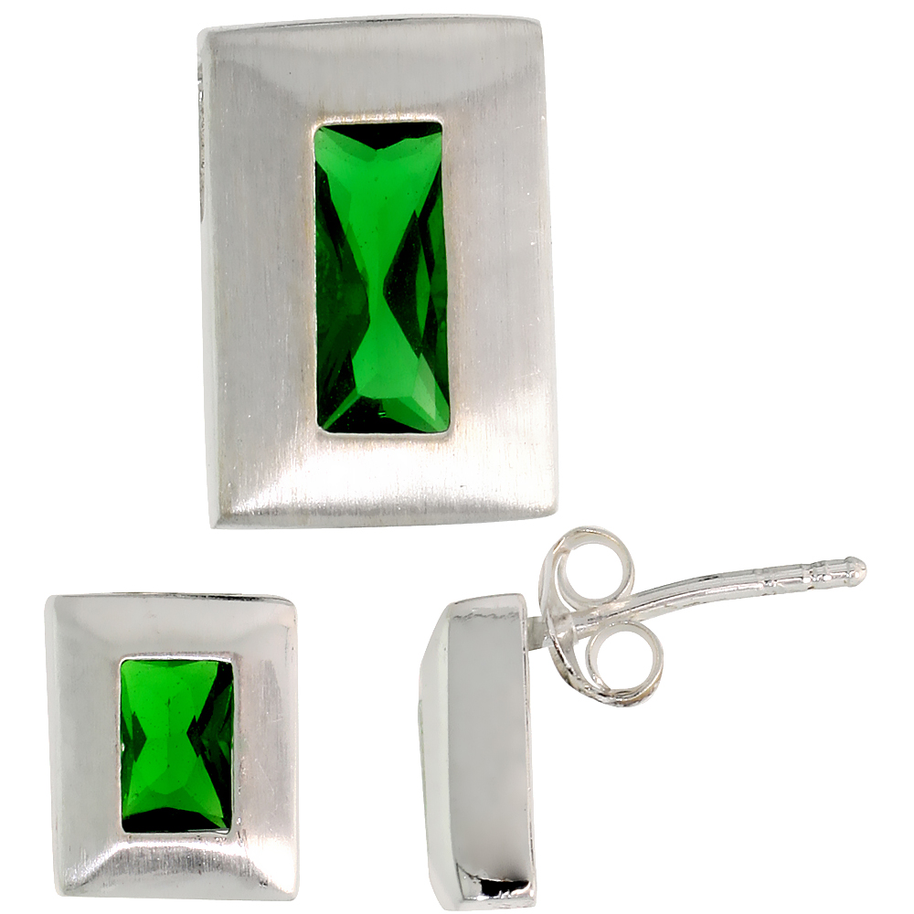 Sterling Silver Radiant Cut Emerald Green CZ Rectangle Stud Earrings &amp; Pendant Set Brushed finish