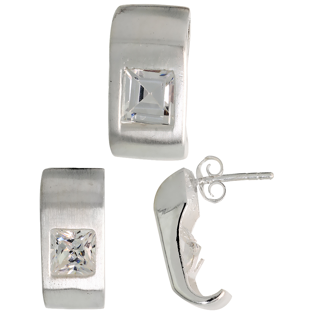 Sterling Silver Princess Cut White CZ Geometric Design Rectangular Stud Earrings & Pendant Set Brushed
