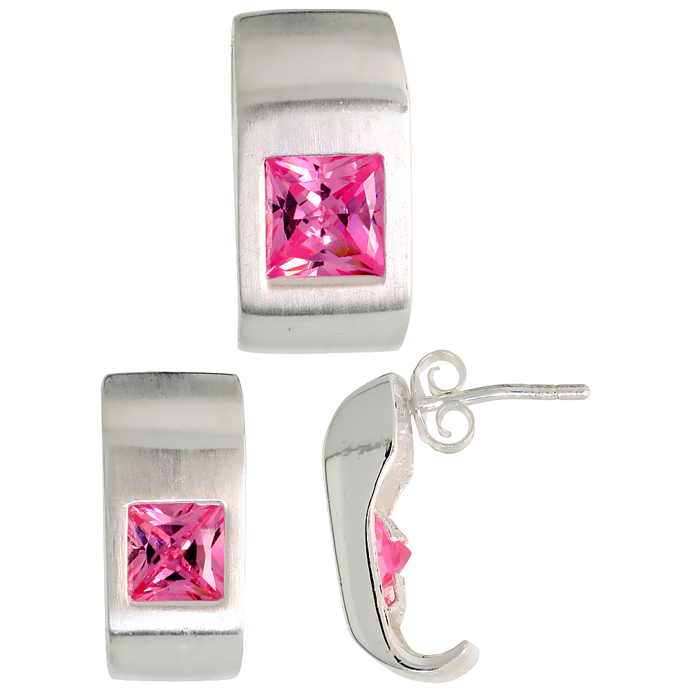 Sterling Silver Princess Cut Pink CZ Geometric Design Rectangular Stud Earrings &amp; Pendant Set Brushed