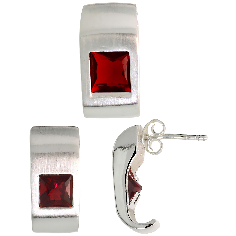 Sterling Silver Princess Cut Garnet Red CZ Geometric Design Rectangular Stud Earrings & Pendant Set Brushed