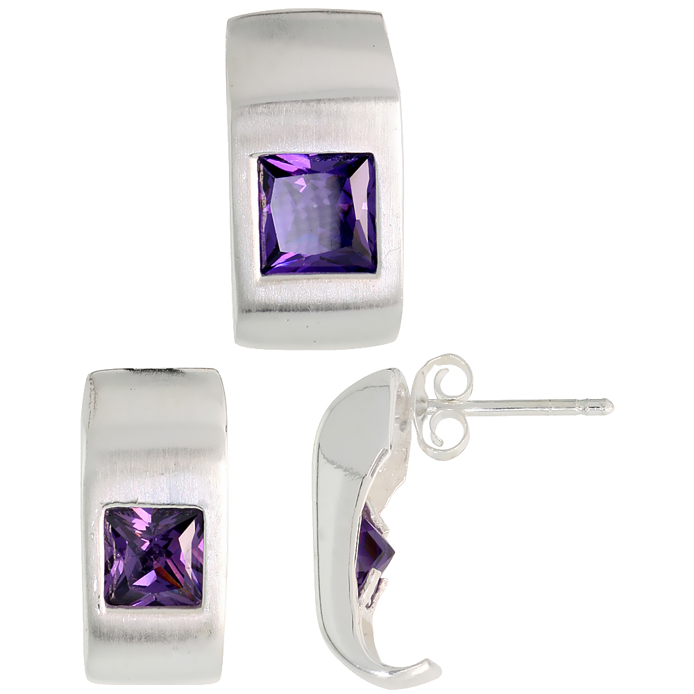 Sterling Silver Princess Cut Amethyst Purple CZ Geometric Design Rectangular Stud Earrings &amp; Pendant Set Brushed