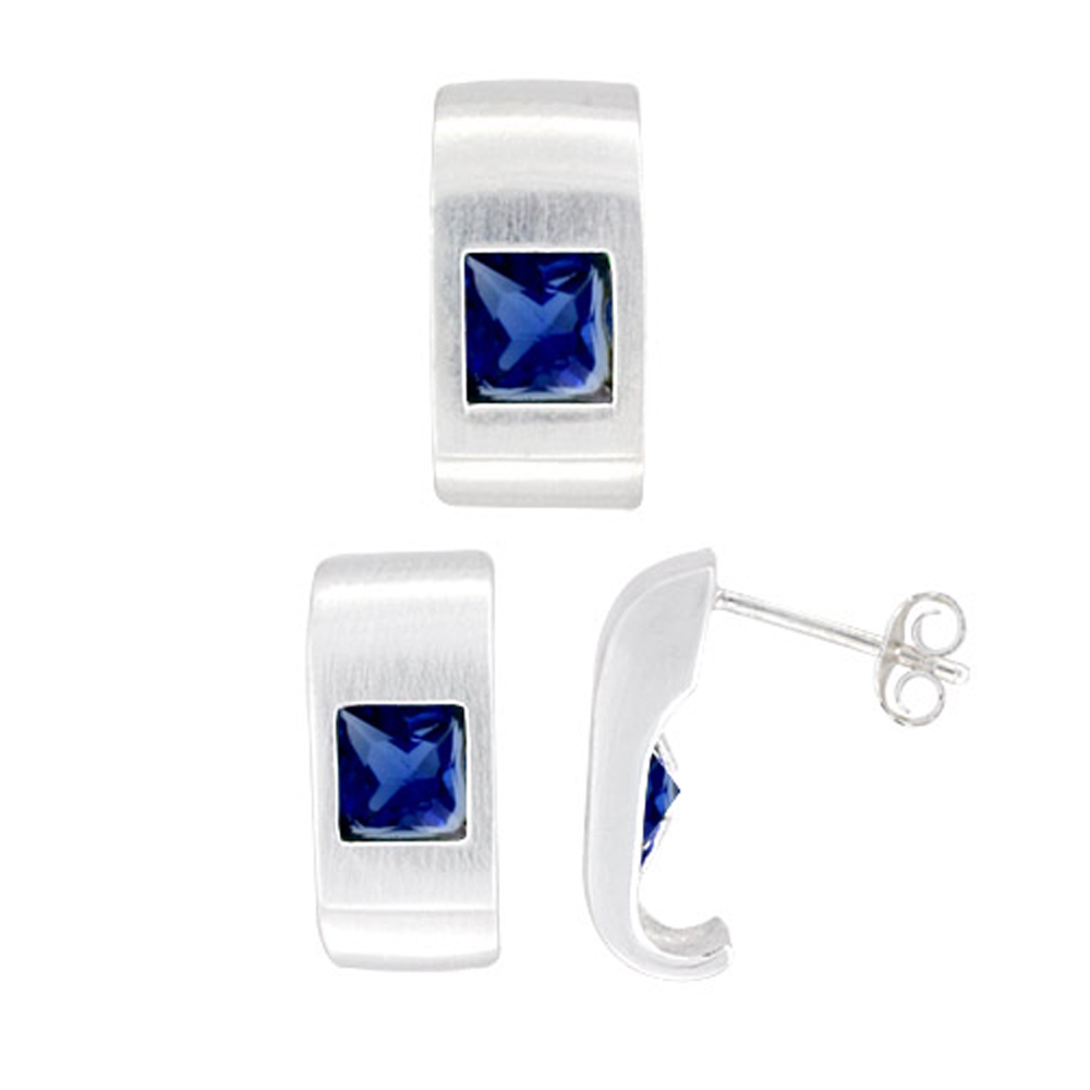 Sterling Silver Princess Cut Blue Sapphire CZ Geometric Design Rectangular Stud Earrings &amp; Pendant Set Brushed