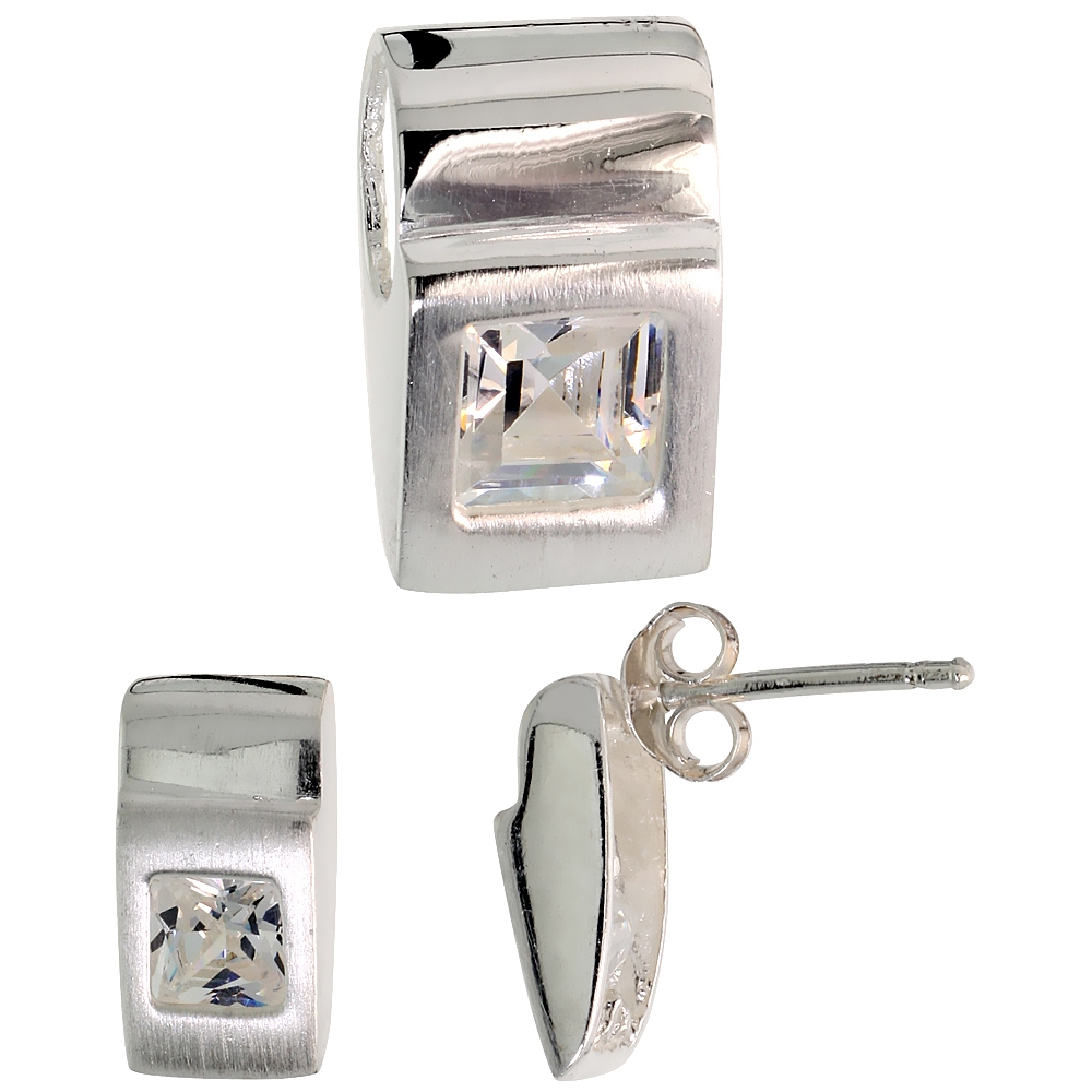 Sterling Silver Princess Cut White CZ Geometric Design Square Stud Earrings & Pendant Set Brushed finish