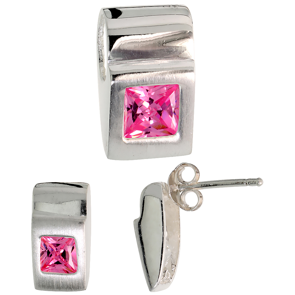 Sterling Silver Princess Cut Pink CZ Geometric Design Square Stud Earrings &amp; Pendant Set Brushed finish
