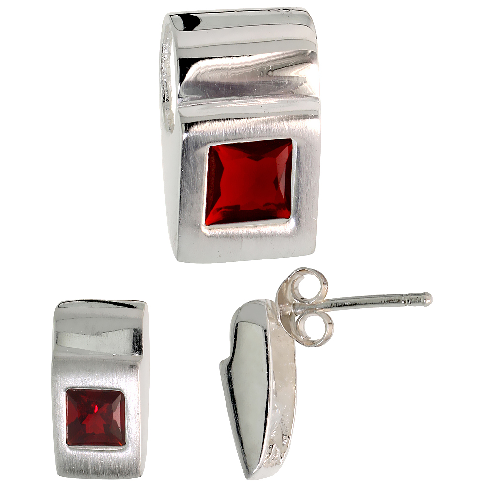 Sterling Silver Princess Cut Garnet Red CZ Geometric Design Square Stud Earrings & Pendant Set Brushed
