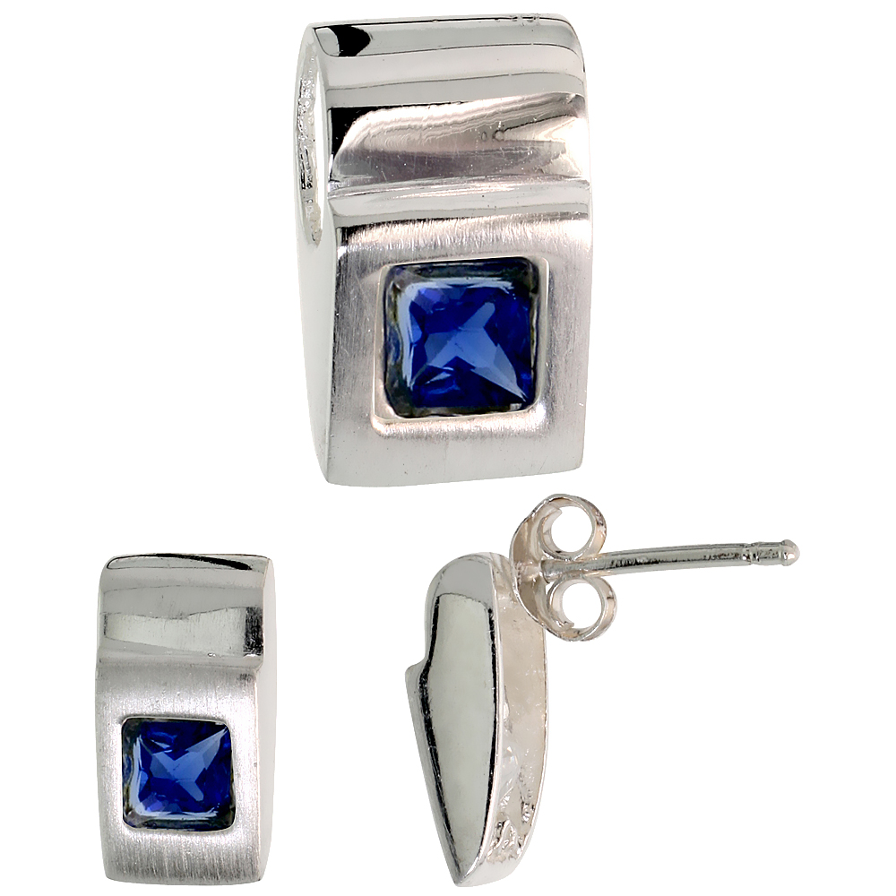 Sterling Silver Princess Cut Blue Sapphire CZ Geometric Design Square Stud Earrings &amp; Pendant Set Brushed