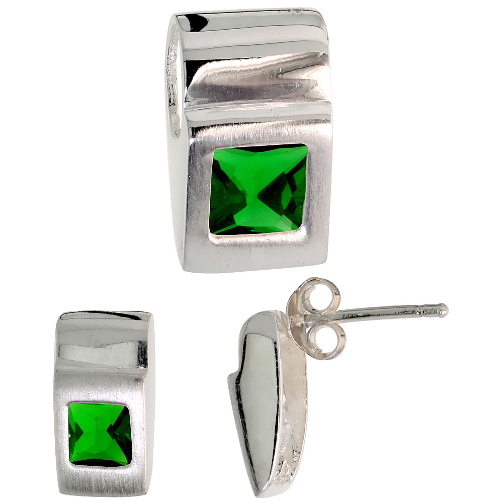Sterling Silver Princess Cut Emerald Green CZ Geometric Design Square Stud Earrings & Pendant Set Brushed