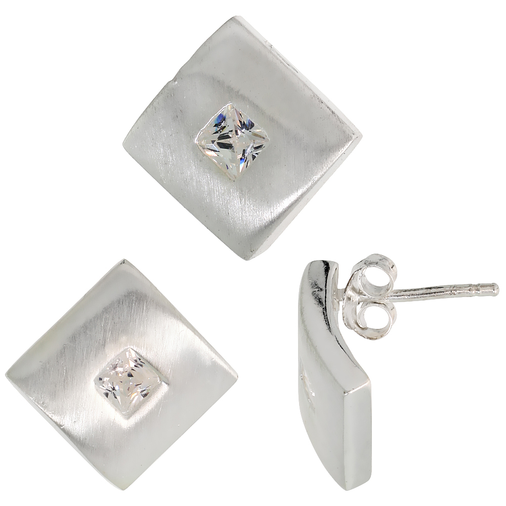 Sterling Silver Princess Cut White CZ Geometric Design Square Stud Earrings &amp; Pendant Set Brushed finish