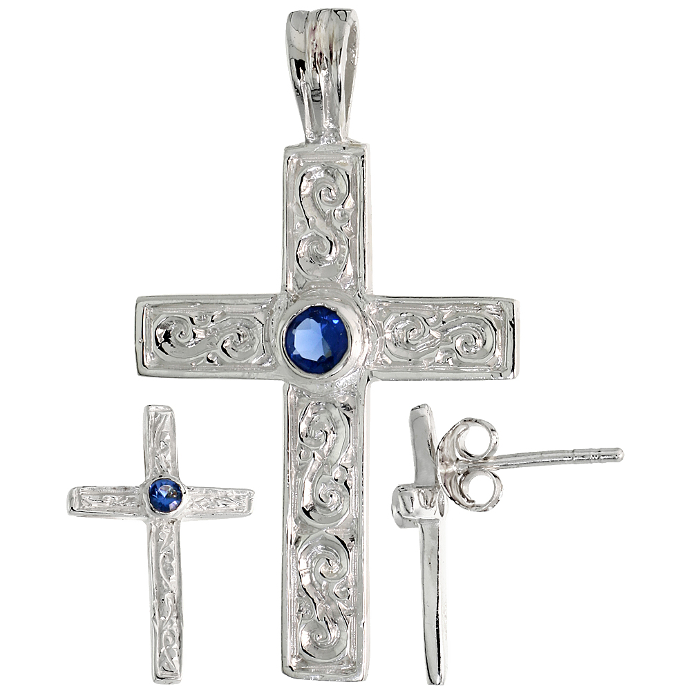 Sterling Silver Brilliant Cut Blue Sapphire CZ Latin Cross Stud Earrings and Pendant Set Swirl-design