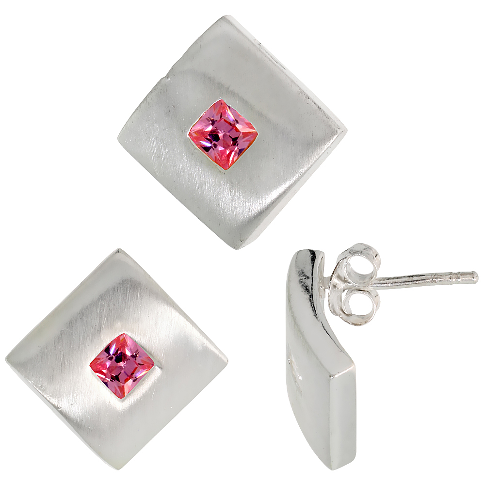 Sterling Silver Princess Cut Pink CZ Geometric Design Square Stud Earrings & Pendant Set Brushed finish