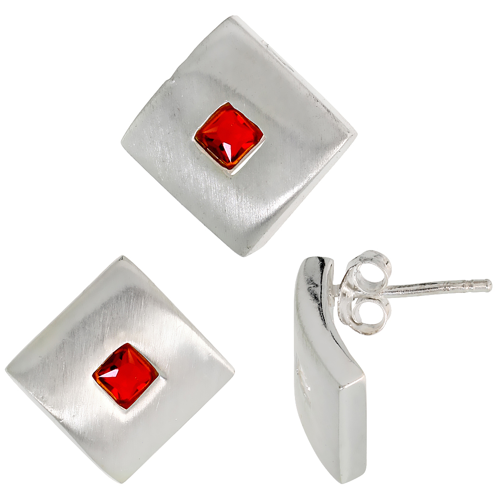 Sterling Silver Princess Cut Ruby Red CZ Geometric Design Square Stud Earrings &amp; Pendant Set Brushed