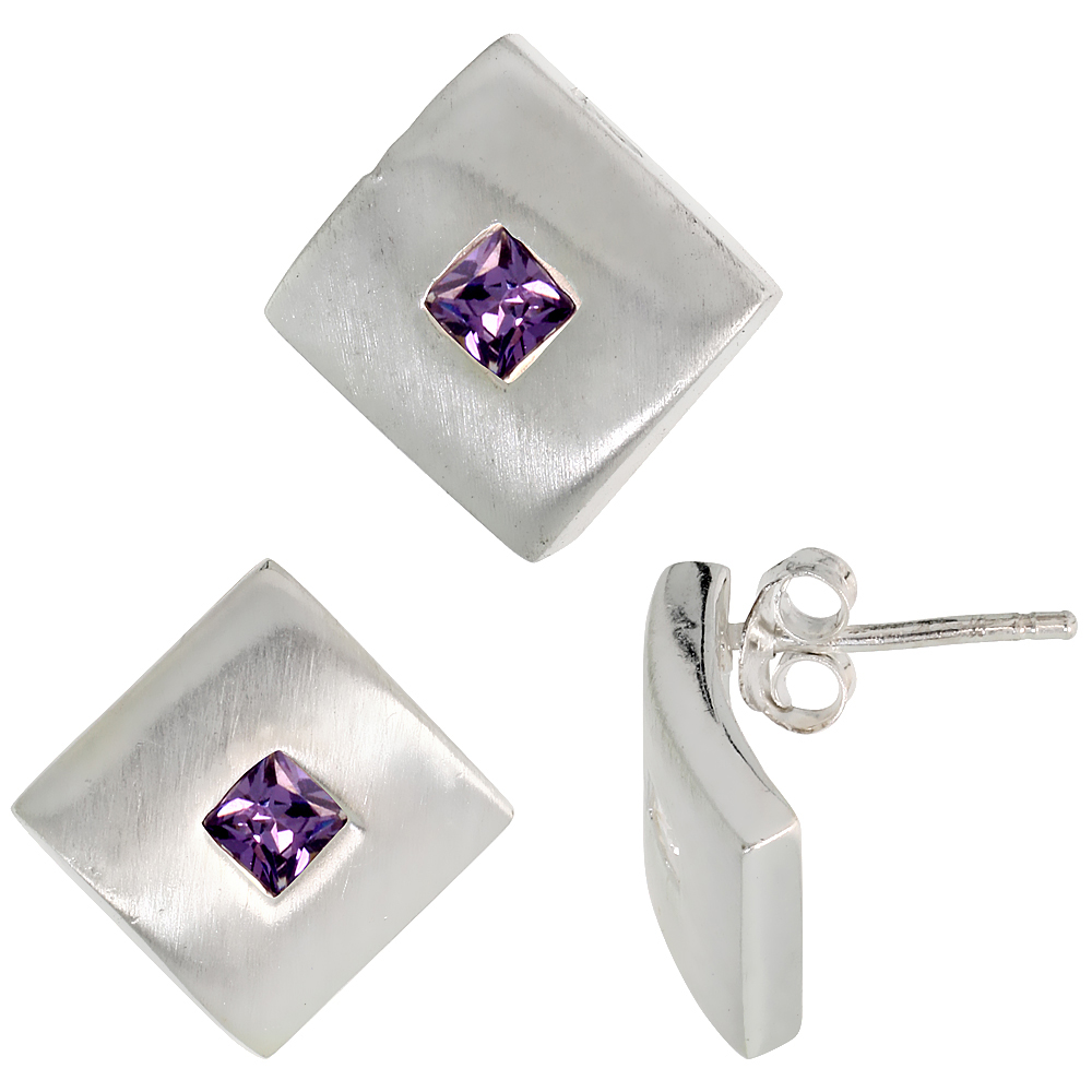 Sterling Silver Princess Cut Amethyst Purple CZ Geometric Design Square Stud Earrings &amp; Pendant Set Brushed