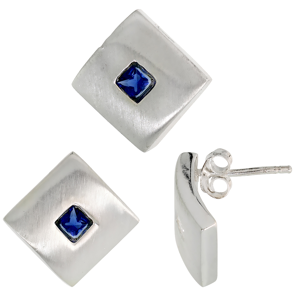 Sterling Silver Princess Cut Blue Sapphire CZ Geometric Design Square Stud Earrings & Pendant Set Brushed