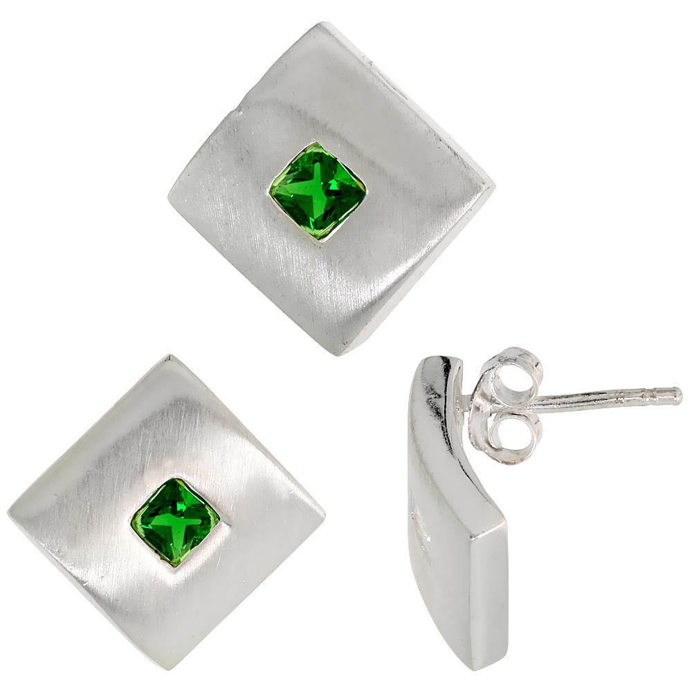 Sterling Silver Princess Cut Emerald Green CZ Geometric Design Square Stud Earrings &amp; Pendant Set Brushed