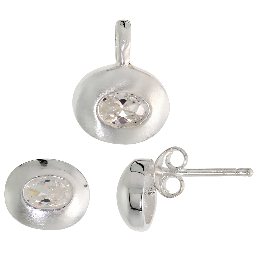 Sterling Silver Oval Cut White CZ Geometric Design Horizantal Oval Stud Earrings and Pendant Set Brushed