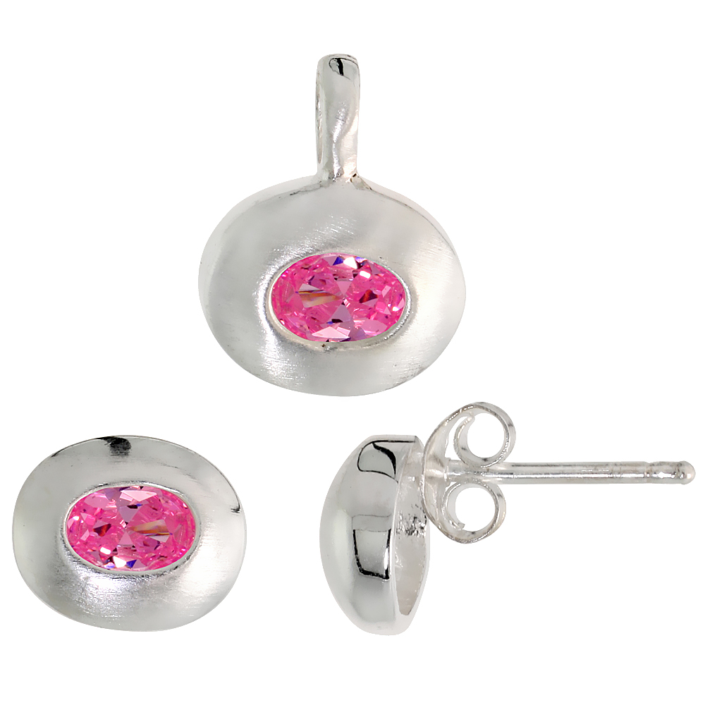 Sterling Silver Oval Cut Pink CZ Geometric Design Horizantal Oval Stud Earrings and Pendant Set Brushed