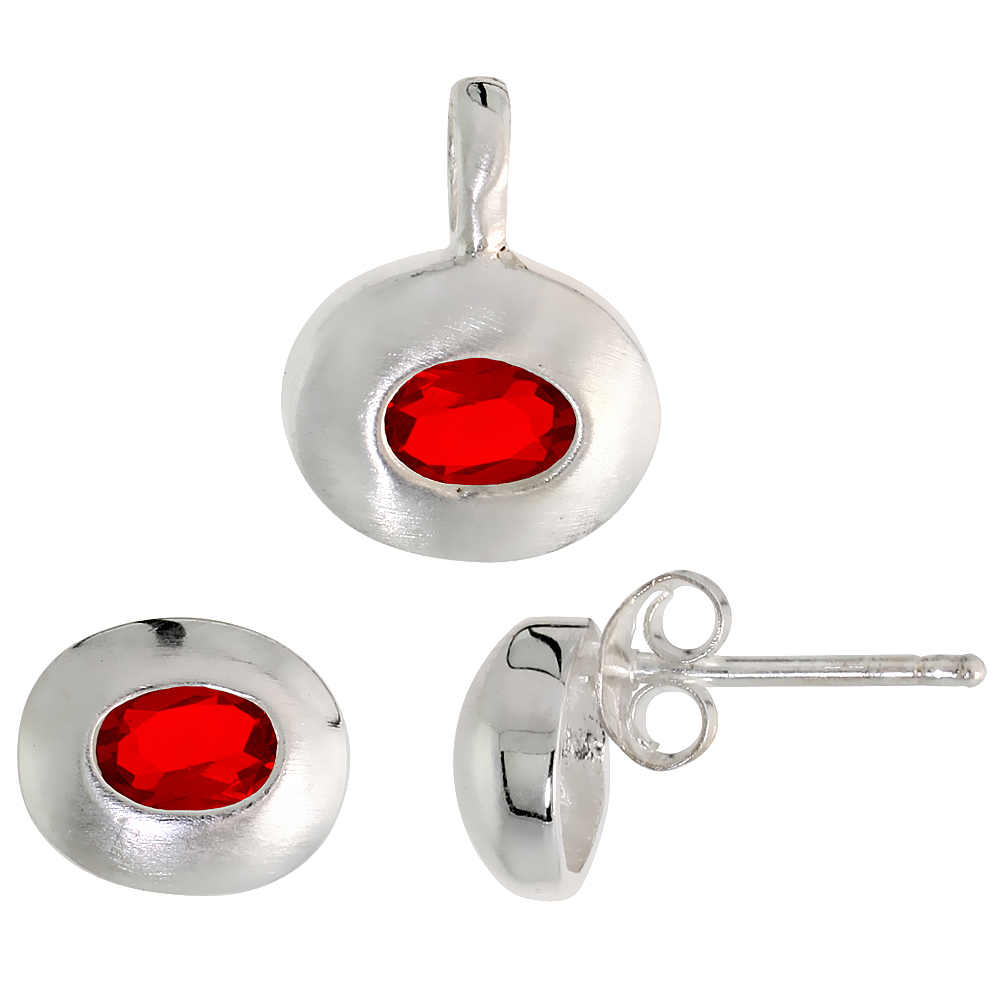 Sterling Silver Oval Cut Ruby Red CZ Geometric Design Horizantal Oval Stud Earrings and Pendant Set Brushed