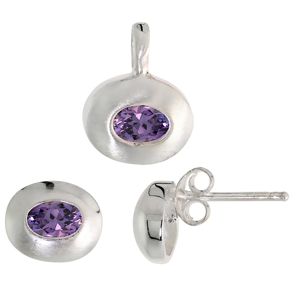 Sterling Silver Oval Cut Amethyst Purple CZ Geometric Design Horizantal Oval Stud Earrings and Pendant Set Brushed