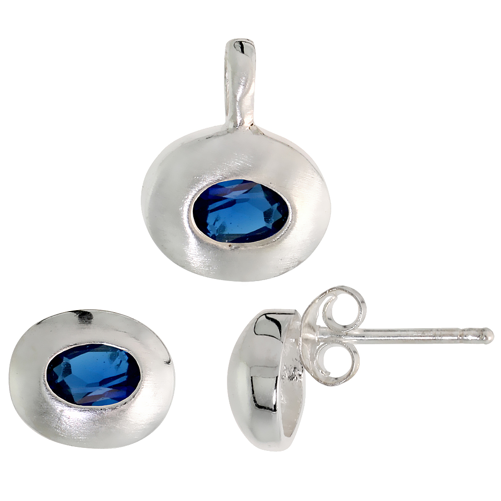 Sterling Silver Oval Cut Blue Sapphire CZ Geometric Design Horizantal Oval Stud Earrings and Pendant Set Brushed