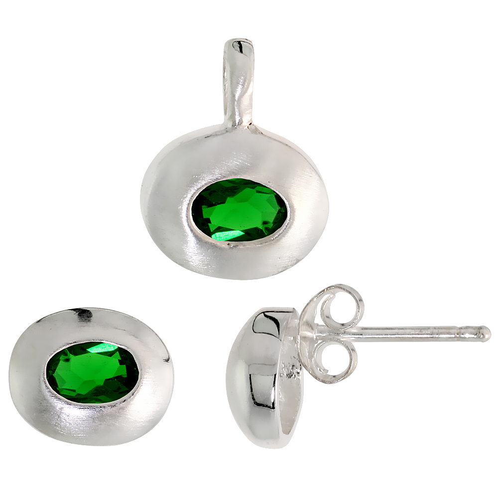 Sterling Silver Oval Cut Emerald Green CZ Geometric Design Horizantal Oval Stud Earrings and Pendant Set Brushed