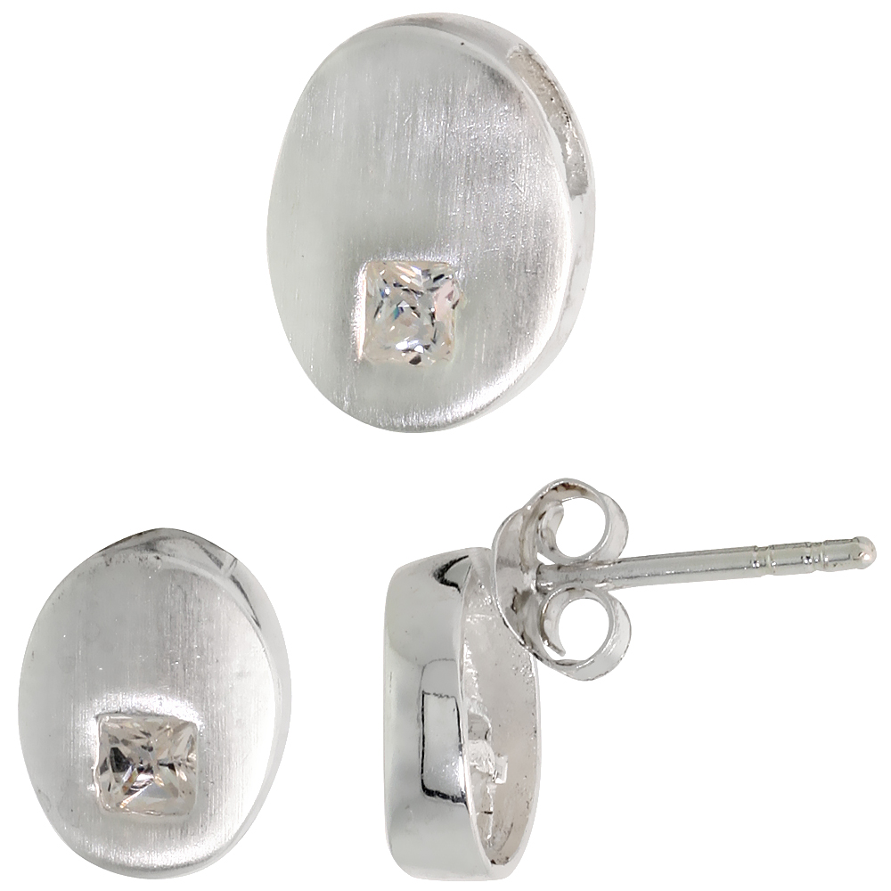 Sterling Silver Princess Cut White CZ Geometric Design Oval Stud Earrings & Pendant Set Brushed finish