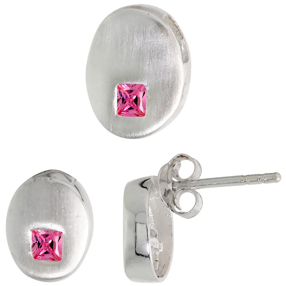 Sterling Silver Princess Cut Pink CZ Geometric Design Oval Stud Earrings & Pendant Set Brushed finish