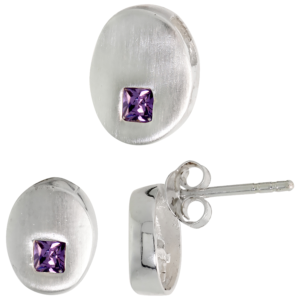 Sterling Silver Princess Cut Amethyst Purple CZ Geometric Design Oval Stud Earrings & Pendant Set Brushed