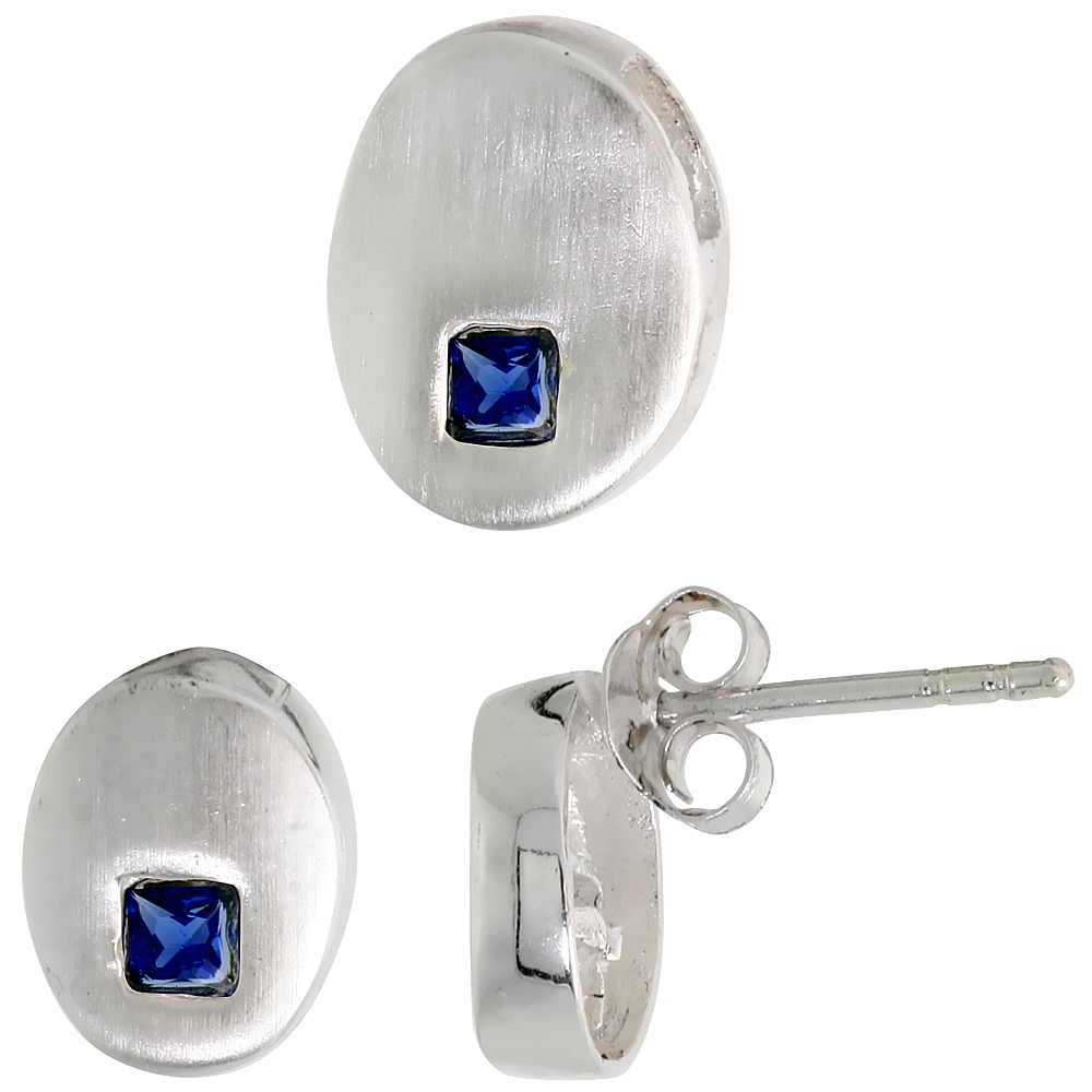 Sterling Silver Princess Cut Blue Sapphire CZ Geometric Design Oval Stud Earrings & Pendant Set Brushed