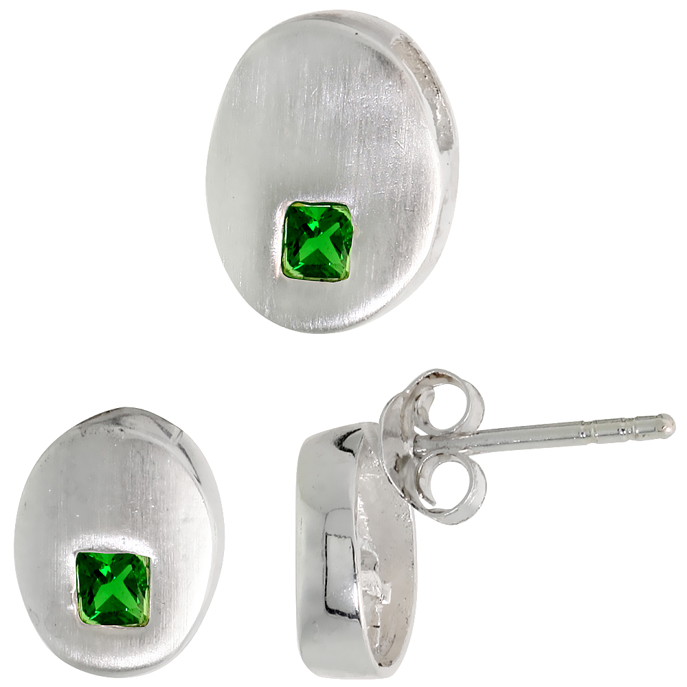 Sterling Silver Princess Cut Emerald Green CZ Geometric Design Oval Stud Earrings & Pendant Set Brushed