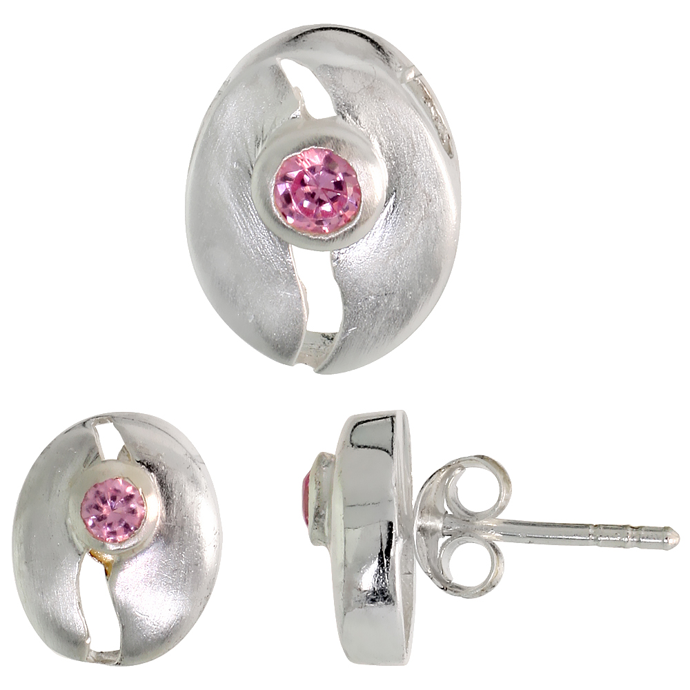 Sterling Silver Brilliant Cut Pink CZ Oblong with Cut outs Stud Earrings &amp; Pendant Set Brushed finish