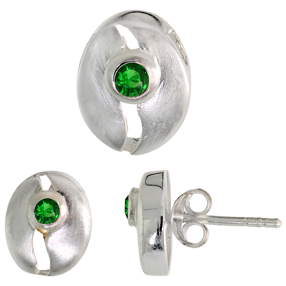 Sterling Silver Brilliant Cut Emerald Green CZ Oblong with Cut outs Stud Earrings & Pendant Set Brushed